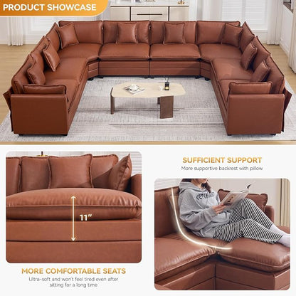 147'' Oversized U Shaped Cloud Sectional Sofa, Leather Deep Seat Couches for Living Room, Comfy Upholstered Modular Sectional Sofa Couch, Leather Brown