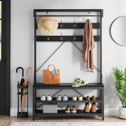 IDEALHOUSE Industrial Hall Tree with Bench and Shoe Storage, 3-in-1 Entryway Mudroom Organizer with 8 Coat Hooks, Heavy Duty Standing Clothes Rack for Hallway, Black