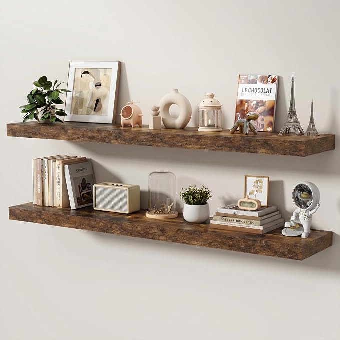 Floating Shelves for Wall, 55 Inch x 8 Inch Deep Wall Mounted Wood Shelf with Invisible Brackets for Storage & Display, Living Room Bedroom Kitchen, Rustic Brown, Set of 2