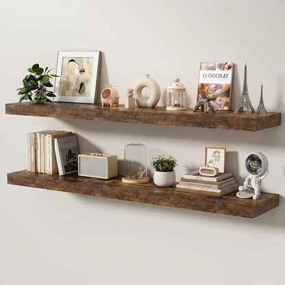 Floating Shelves for Wall, 55 Inch x 8 Inch Deep Wall Mounted Wood Shelf with Invisible Brackets for Storage & Display, Living Room Bedroom Kitchen, Rustic Brown, Set of 2