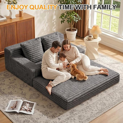 Erament Boneless Loveseat Convertible Sofa Bed, Folding Floor Futon Sleeper Sofa Couch Bed- Boneless Foldable Couch, Corduroy Pull Out Sofa Bed with 2 Pillows for Living Room & Bedroom