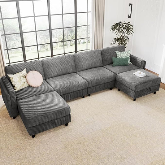 KKL Modular Sectional Sofa Bed with Storage Ottoman, Convertible L/U-Shaped Sleeper Couch for Living Room, Modern Reversible Design (Grey, 4 Seat L Shape)
