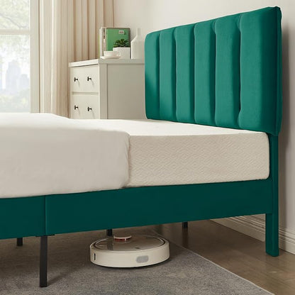 VECELO Full Size Bed Frame with Upholstered Headboard, Heavy-Duty Bedframe with Wooden Slats & Steel Framework, Easy Assembly, Dark Green