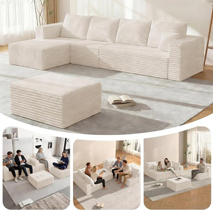 BSHOMGI 92.5'' U-Shaped Boneless Couches, Comfy Corduroy 3 Seaters Sofas with Ottoman, Modern High Back Sectional Sofa for Living Room with Oversized Chaise Deep Seat Sofa, No Assembly Needed