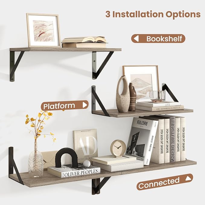 Axeman Floating Shelves for Wall, 8 Inch Deep Grey Wall Shelves Set of 2, 16''W x 8''D Rustic Grey Wood Shelves for Farmhouse Bookshelf Living Room Bedroom