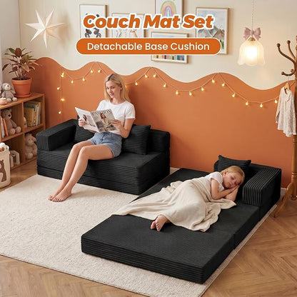 6-in-1 Boneless Couches Modular Sectional Sofa | Cloud Couch Sectional & Tri-Folding Mattress | Corduroy Pet-Friendly Convertible Sofa Bed with 800LB Capacity Living Room, Apartment, Guest Room