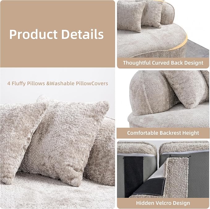 114" Curved Sectional Sofa Couch, Modern Comfy Chenille Memory Foam Sofa Deep Seat Couches, 4 Seater Oversized Boneless Cloud Couch with 3 Throw Pillows for Living Room (Camel, 114.2 Inch)