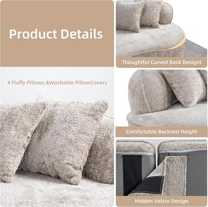 114" Curved Sectional Sofa Couch, Modern Comfy Chenille Memory Foam Sofa Deep Seat Couches, 4 Seater Oversized Boneless Cloud Couch with 3 Throw Pillows for Living Room (Camel, 114.2 Inch)