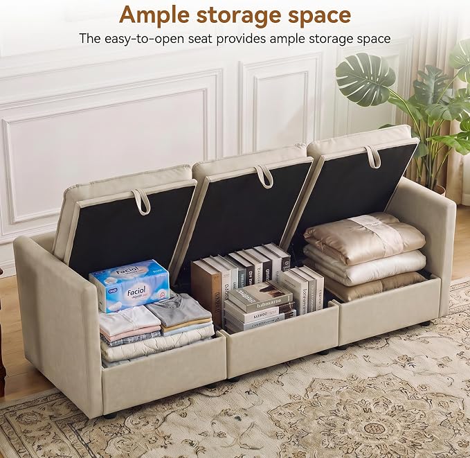 80" Beige Faux Leather Storage 3 Seater Sofa, Modular Sectional Cloud Sofa | Modern Deep Seat Cloud Upholstered Sofa with Armrest, Convertible 3 Seater Comfy Sofa for Living Room, Bedroom, Small spaces