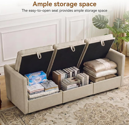 80" Beige Faux Leather Storage 3 Seater Sofa, Modular Sectional Cloud Sofa | Modern Deep Seat Cloud Upholstered Sofa with Armrest, Convertible 3 Seater Comfy Sofa for Living Room, Bedroom, Small spaces