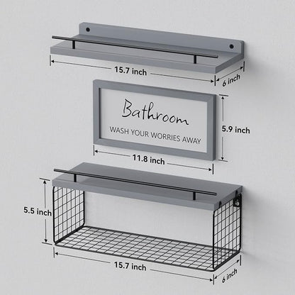 WOPITUES Floating Shelves for Wall Decor Sign, Bathroom Organizers and Storage, Bathroom Shelves Over Toilet with Metal Guardrail-Modern Grey