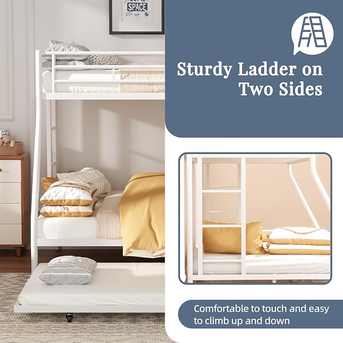 Shintenchi Bunk Bed Twin Over Full Size with Trundle, Heavy-Duty Twin&Full Frame with Full-Length Guardrail and Two Ladders, Triple for Kids, Teens and Adults, Space-Saving, White