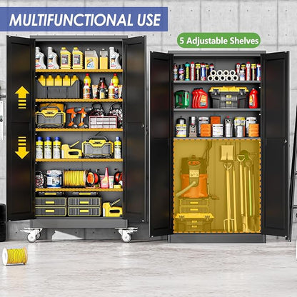 73.6" Metal Garage Storage Cabinet with Wheels and Locking Doors | Tall Rolling Steel Tool Cabinet with 5 Adjustable Shelves for Garage,Home Office(Black, 73.6''H x 35.4''W x17.7''D)