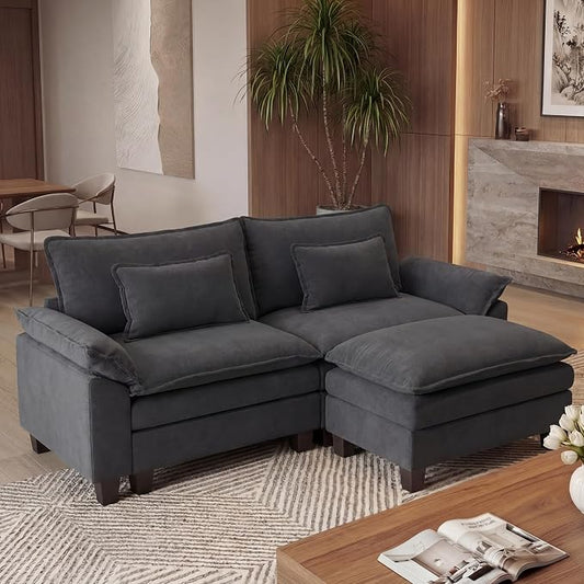 URRED Oversized Modular Sectional Sofa, 87" L Shaped Modern Comfy Cloud Couch with Movable Ottoman & Pillows, Deep Seat Couches for Living Room, Bedroom or Apartment (Velvet Grey, 87" L Shaped)