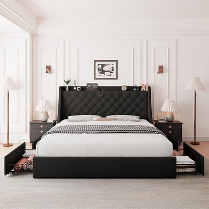 Feonase Upholstered Queen Size Bed Frame with 4 Storage Drawers, Storage Bed with Charging Station, Large Wingback Headboard, No Box Spring Needed, Black