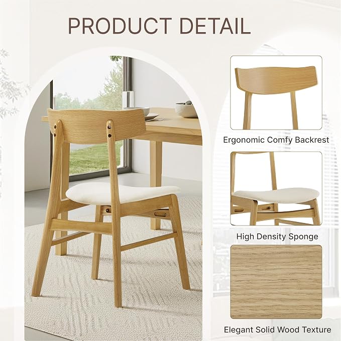 KISLOT Wooden Dining Chairs Set of 4, Upholstered Modern Dining Room Chairs, Mid Century Oak Kitchen Chairs with Curved Wood Backrest for Farmhouse, Restaurant, Café (Cream Fabric & Original Color)
