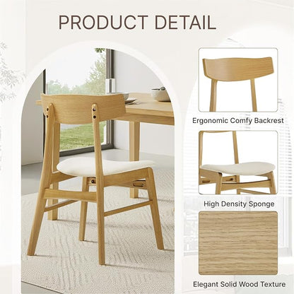 KISLOT Wooden Dining Chairs Set of 4, Upholstered Modern Dining Room Chairs, Mid Century Oak Kitchen Chairs with Curved Wood Backrest for Farmhouse, Restaurant, Café (Cream Fabric & Original Color)