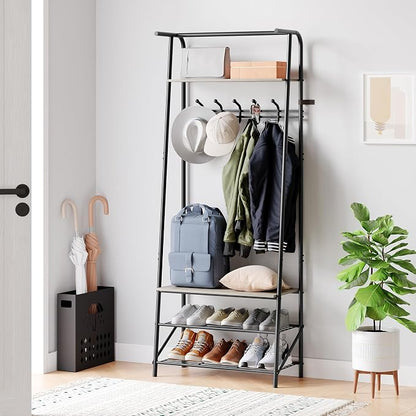 Jojoka Coat Rack Hall Tree with Shoe Storage Bench, 4-in-1 Entryway Organizer with 10 Hooks & 3-Tier Shoe Rack, Sturdy Metal Frame Freestanding Storage Unit for Hallway (Grey-Single Row, 25.2in)