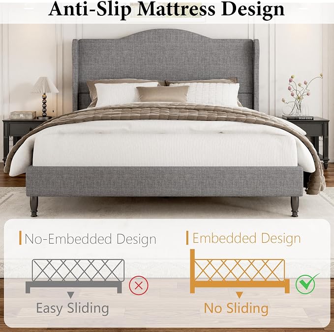 Queen Size Upholstered Platform Bed Frame, Light Grey | 50.4" Tall Wingback Headboard, Arched Tufted Design, No Box Spring Needed, 1000lbs Heavy Duty Support, Easy Assembly