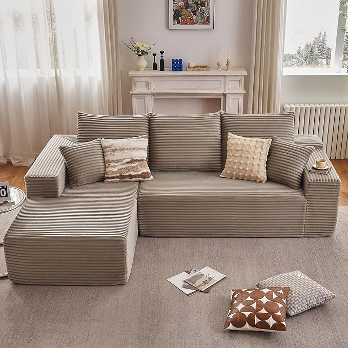 107" Cloud Sectional Couch with L-Shape Chaise, Modern Modular Comfy Sofa with Deep Seat, Upholstered Corduroy Couches Sleeper Chaise Longue for Living Room Bedroom, No Assembly Required, Camel