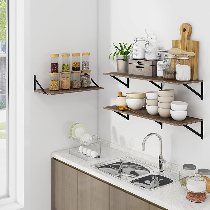 Heimlove Deep Floating Shelves for Wall, 24W x 12D Rustic Grey Wood Wall Shelves Set of 2, Large Floating Shelf for Living Room, Kitchen, Office, Bedroom and Decor Storage, with Metal Bracket - Grey