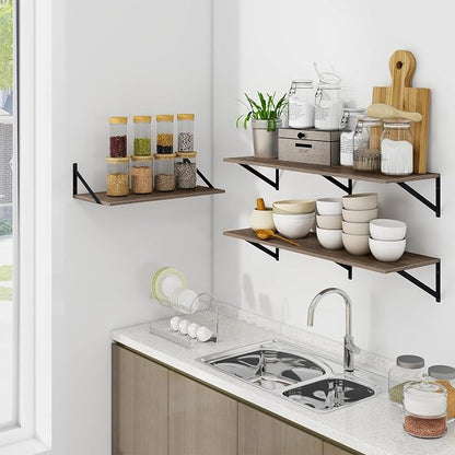Heimlove Deep Floating Shelves for Wall, 24W x 12D Rustic Grey Wood Wall Shelves Set of 2, Large Floating Shelf for Living Room, Kitchen, Office, Bedroom and Decor Storage, with Metal Bracket - Grey