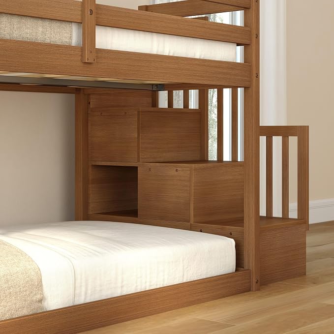 Grain & Grove Bear Twin Over Twin Low Bunk Bed with Staircase, Solid Guardrails, Reversible Stairs, Engineered Wood, Oak Embossed Pecan
