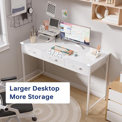 Pamray 47 Inch Small Computer Desk with 3 Drawers for Bedroom Study Writing Home Office Table for Small Spaces White