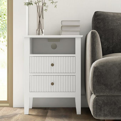 RoyalCraft White Nightstand with Charging Station, Fluted Night Stand for Bedroom, Small Sofa Table with 2 Storage Drawers Cabinet, Wood End Table for Bedroom