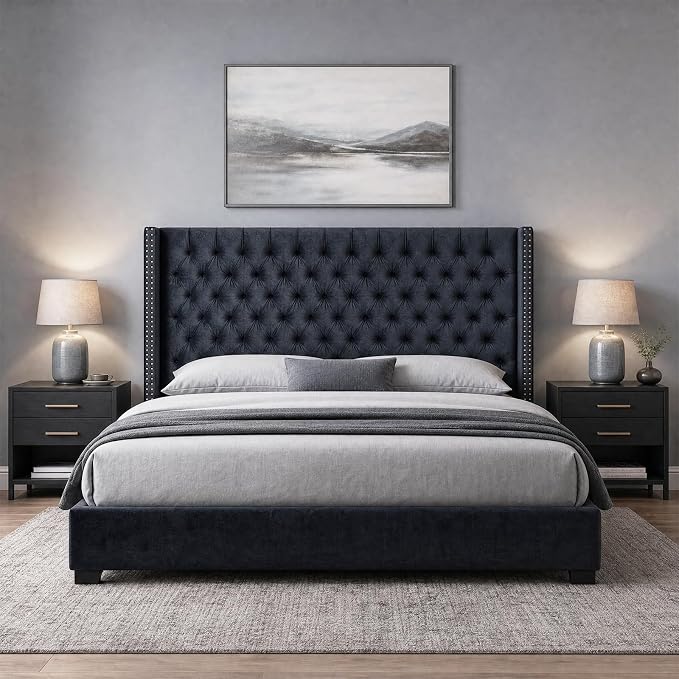 Madison Park King Wingback Upholstered Tufted Headboard, Featuring High-Density Sponge Padding, Adjustable Height Headboard, Easy Assembly, Black Velvet
