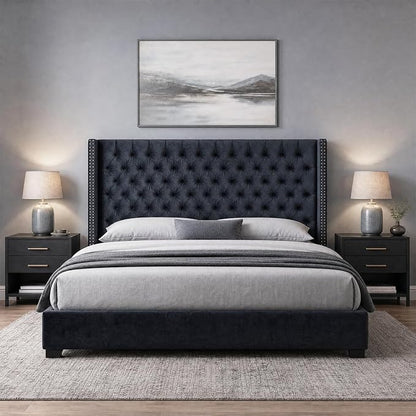 Madison Park King Wingback Upholstered Tufted Headboard, Featuring High-Density Sponge Padding, Adjustable Height Headboard, Easy Assembly, Black Velvet