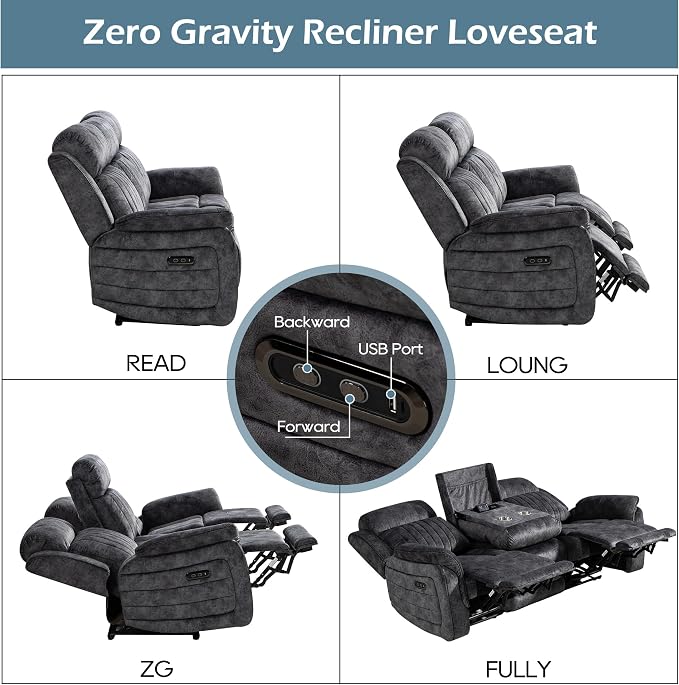 Zero Gravity Power Reclining Sofa with Adjustable Headrest, Electric Reclining Couch with Wireless Charge, USB Ports, Power Loveseat Recliner Sofa for Living Room (Grey-Sofa)