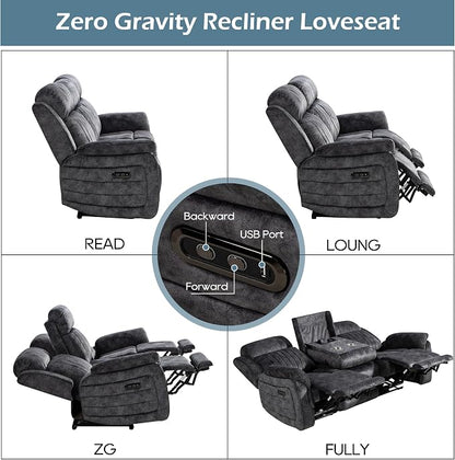 Zero Gravity Power Reclining Sofa with Adjustable Headrest, Electric Reclining Couch with Wireless Charge, USB Ports, Power Loveseat Recliner Sofa for Living Room (Grey-Sofa)