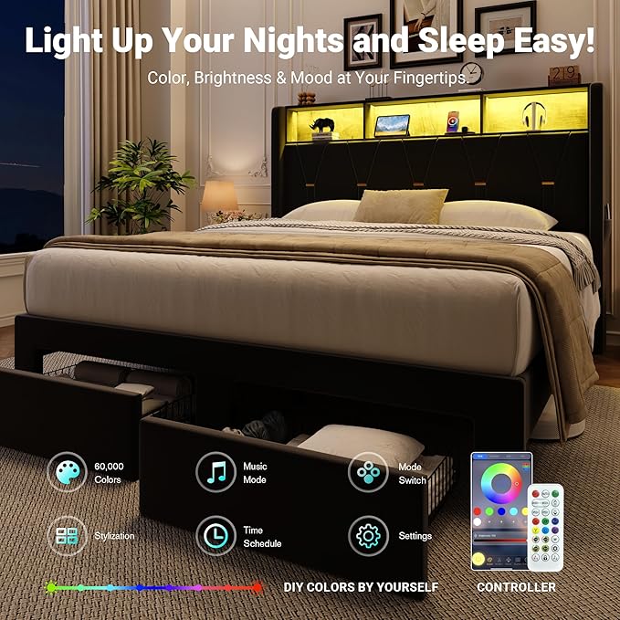 Allewie Queen Bed Frame with 2-Tier Storage Headboard, Charging Station & LED Light, Velvet Upholstered Platform Bed with 2 Drawers, Wingback Headboard, Gold Button Tufted, No Box Spring Needed, Black