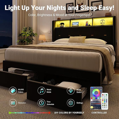 Allewie Queen Bed Frame with 2-Tier Storage Headboard, Charging Station & LED Light, Velvet Upholstered Platform Bed with 2 Drawers, Wingback Headboard, Gold Button Tufted, No Box Spring Needed, Black