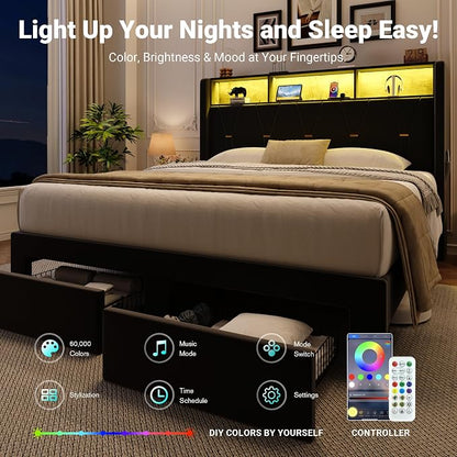 Allewie Full Bed Frame with 2-Tier Storage Headboard, Charging Station & LED Lights, Velvet Upholstered Platform Bed with 2 Drawers, Wingback Headboard, Gold Button Tufted, No Box Spring Needed, Black