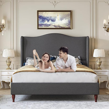 koorlian Full Size Bed Frame Upholstered Platform Bed with 51" Tall Headboard Wingback, Soft Fabric, Retro Simple Style Platform Bed No Box Spring Needed, Easy Assembly, Grey