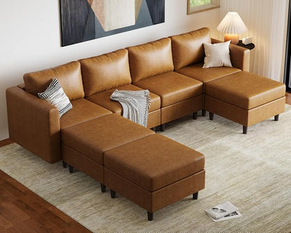 ABCASA Faux Leather Modular Sectional Sofa 118.5", 7 Seater U Shaped Couch with Storage Seat with Reversible Chaise Deep Seat for Living Room Brown