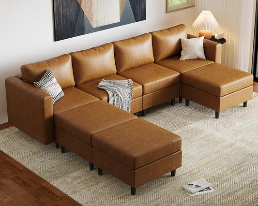 ABCASA Faux Leather Modular Sectional Sofa 118.5", 7 Seater U Shaped Couch with Storage Seat with Reversible Chaise Deep Seat for Living Room Brown