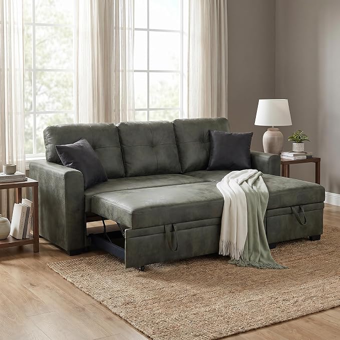 TYBOATLE Convertible Sofa Bed Couch with Reversible Storage Chaise, 71" L Shaped Pull Out Couch Bed, Comfy Linen Fabric Sleeper Sofa for Living Room, Apartment & Guest Room (Green)