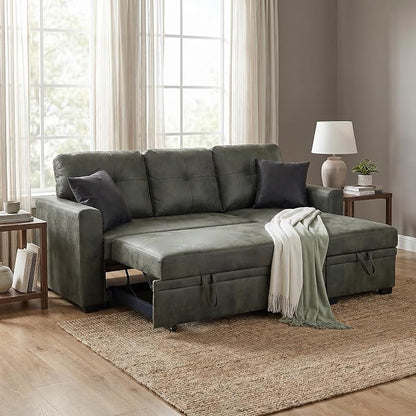 TYBOATLE Convertible Sofa Bed Couch with Reversible Storage Chaise, 71" L Shaped Pull Out Couch Bed, Comfy Linen Fabric Sleeper Sofa for Living Room, Apartment & Guest Room (Green)