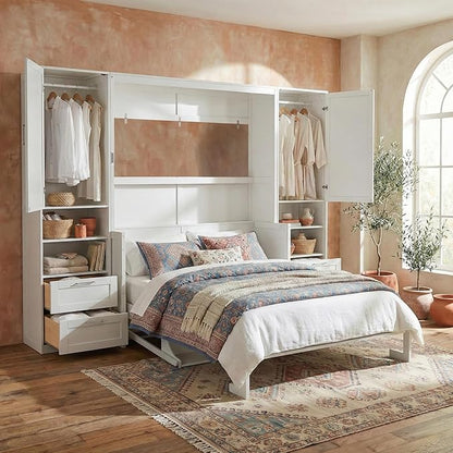 Merax Queen Size Murphy Bed with Desk, Multifunctional Foldable Wall Bed with Closet, Drawers and Shelves, Space-Saving Wood Platform Bed Frame for Small Spaces Studio Study Office Guest Room, White