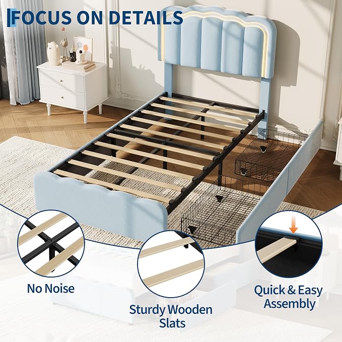 Garvee Twin Size Bed Frame with 2 Storage Drawers and LED Lights, Upholstered Platform Twin Bed with Adjustable Headboard, Wooden Slats Support, No Box Spring Needed, Easy Assembly, Blue