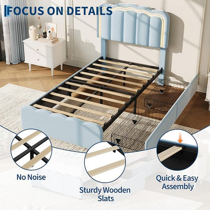 Garvee Twin Size Bed Frame with 2 Storage Drawers and LED Lights, Upholstered Platform Twin Bed with Adjustable Headboard, Wooden Slats Support, No Box Spring Needed, Easy Assembly, Blue