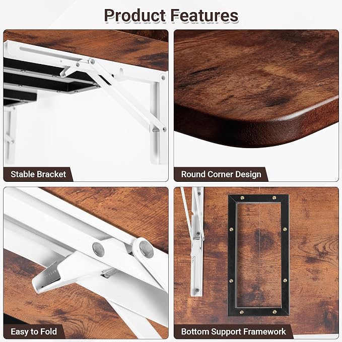 Neoaider Wall Mounted Folding Desk 35.4” x 15.7”, Brown | Drop Down Table with Metal Collapsible Brackets, Folding Wall Table for Small Spaces, Home, Office, Kitchen, Laundry Room