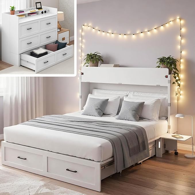 Kikihouse Murphy Bed with Storage & Charging Station, Queen Size Murphy Cabinet Bed Hideaway Bed with Motion Sensor Lights for Bedroom/Guest Room/Office, Foldable Platform Bed Frame, White