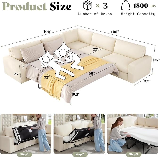 AMERLIFE 106" Oversized Sofa Bed, Sectional Sleeper Sofa with Pull Out Bed, 3 in 1 Convertible Sofa Bed, L Shaped Couch with Storage, High Resilience Mattress, Chenille Beige