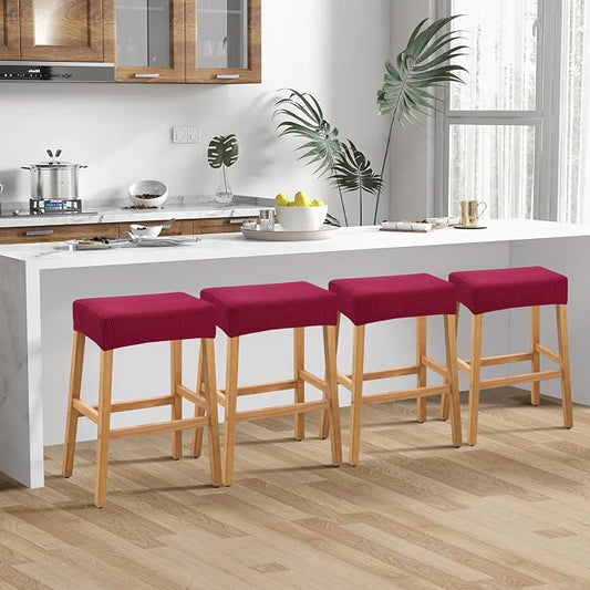 YISUN Stool Covers Rectangle - 4 Pack Stretch Waterproof Saddle Seat Cover Counter Bar Stools Bar Chairs Covers Kitchen Island Chairs Cushion Protector (4, Wine Red)