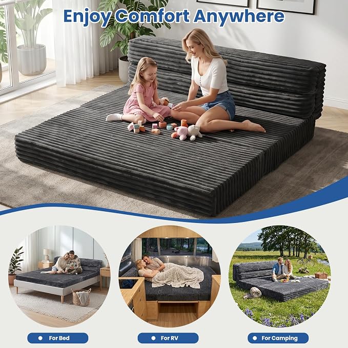 Erament Tri-Fold Futon Sofa Bed, 6 Inch Foldable Floor Couch, High-Density Foam Convertible Sleeper Sofa with Removable Washable Corduroy Cover, Portable Floor Mattress for Living Room (Grey, Full)