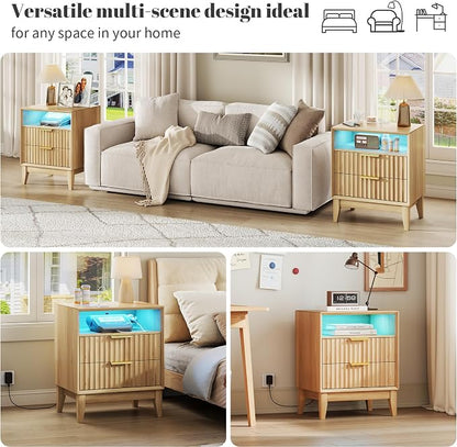 LVSOMT 20'W Fluted Nightstand Set of 2, Night Stand with Charging Station and LED Lights, RFID Lock Hidden Drawer, Mid Century Morden Bedside Table for Bedroom, Open Storage Cubby, Natural Oak